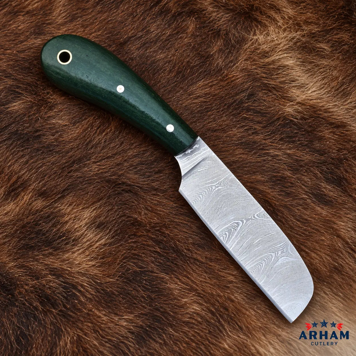 Kalecrest Rancher Damascus Castration Knife – Green Micarta Arham Cutlery