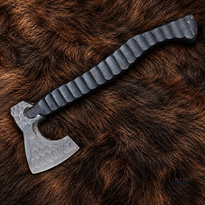 Rosewood Ravencrest hand forged Viking axe with engraved carbon steel head, antique patina finish, rosewood handle and leather sheath. Copy ALT