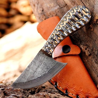 Hand Forged Damascus Steel Skinner Knife – 7" Bushcraft Hunting Knife with Pakka Wood Handle & Leather Sheath