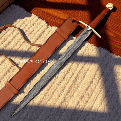 Wolfskin Raider Damascus Viking Sword with Leather Sheath