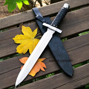 Hand-Forged J2 Steel Short Sword with Leather Sheath – 17” Tactical Combat Blade