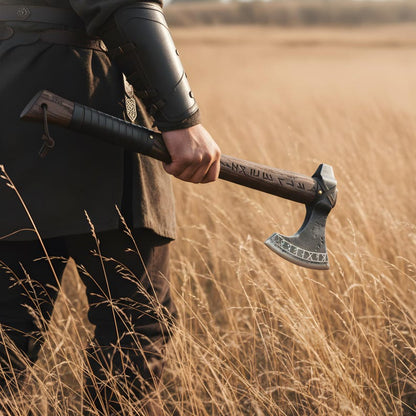 Hand-Forged Viking Rune Hatchet – Carbon Steel Bearded Axe with Engraved Hardwood Handle Arham Cutlery