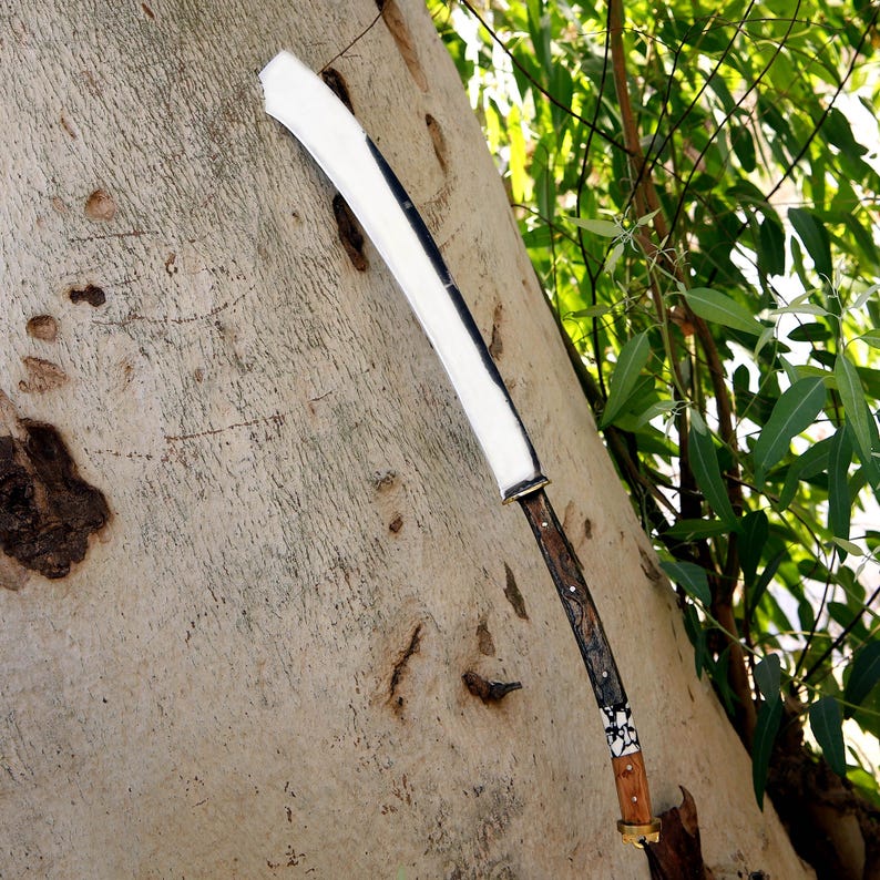 Handcrafted J2 Steel Jungle Machete – Full Tang Curved Blade with Wood & Resin Handle and Leather Sheath | Arham Cutlery