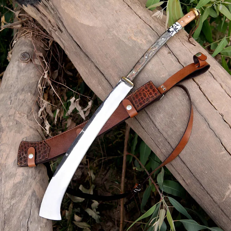 Handcrafted J2 Steel Jungle Machete – Full Tang Curved Blade with Wood & Resin Handle and Leather Sheath | Arham Cutlery