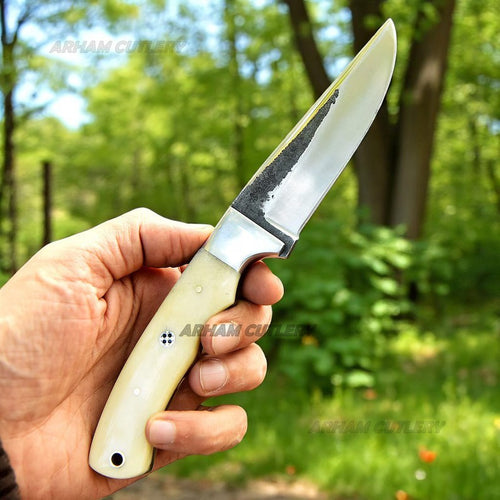 Handmade 1095 steel hunting knife with camel bone handle and steel bolster by Arham Cutlery