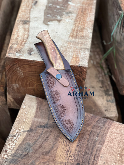 Handmade 11" D2 Steel Hunting Knife – Olive Wood Handle, Etched Blade & Leather Sheath | ARHAM CUTLERY