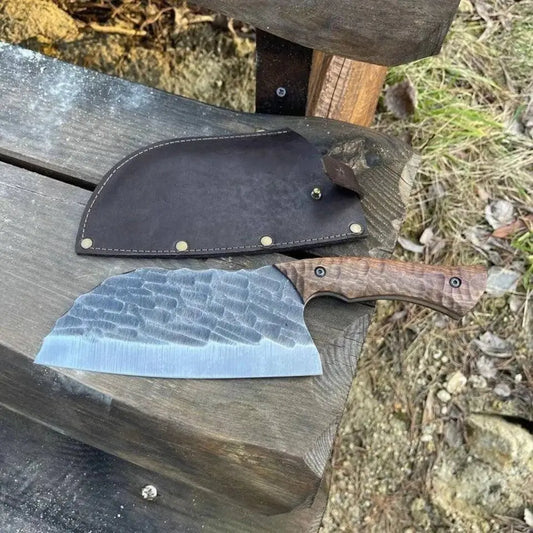 Handmade 5160 Carbon Steel Cleaver Knife with Textured Wood Handle & Leather Sheath | Arham Cutlery - Arham Cutlery