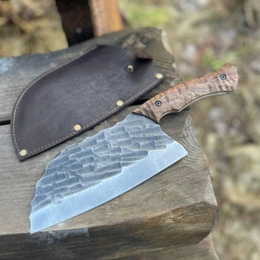 Handmade 5160 Carbon Steel Cleaver Knife with Textured Wood Handle & Leather Sheath | Arham Cutlery