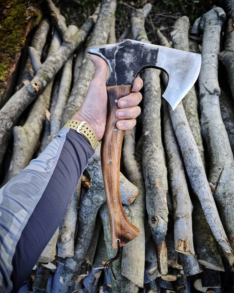 Custom Nordic Woodcraft Axe – Handmade High Carbon Steel Bearded Hatchet Arham Cutlery