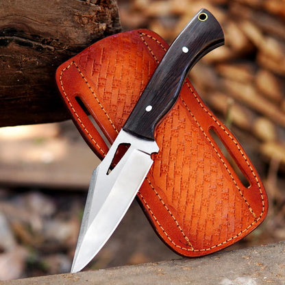 Handmade Bushcraft Skinner Knife – 8" Full Tang High Carbon Steel Hunting Knife with Dark Wood Handle & Leather Sheath
