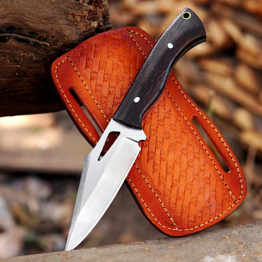 Handmade Bushcraft Skinner Knife – 8" Full Tang High Carbon Steel Hunting Knife with Dark Wood Handle & Leather Sheath