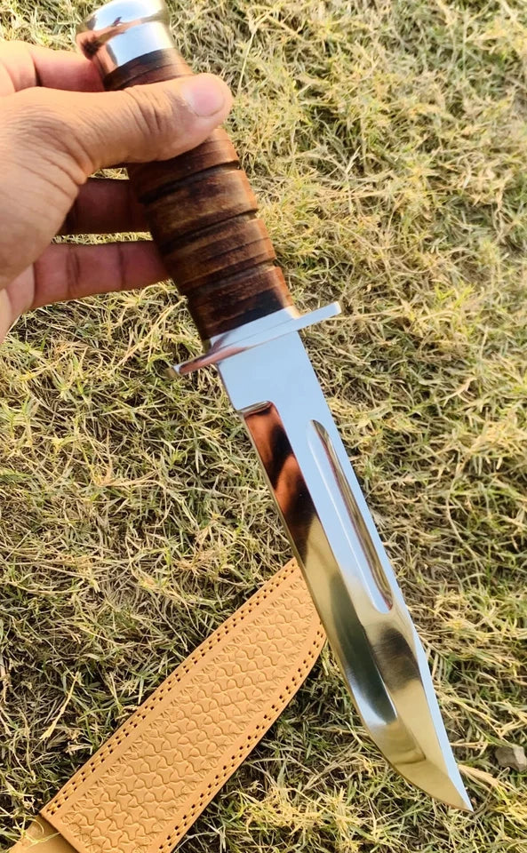 Handmade Carbon Steel Bowie Hunting Knife with Leather Grip & Sheath | Arham Cutlery