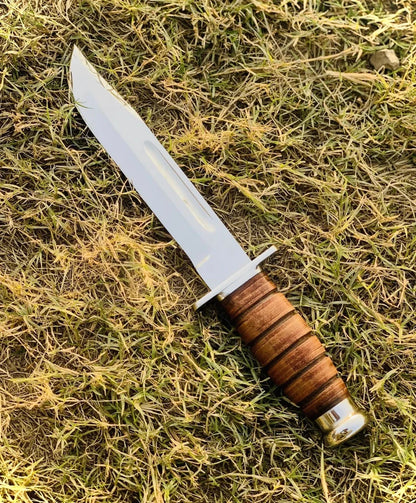 Handmade Carbon Steel Bowie Hunting Knife with Leather Grip & Sheath | Arham Cutlery