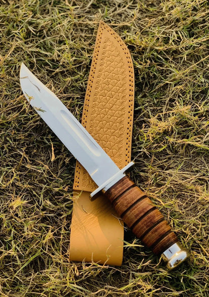 Handmade Carbon Steel Bowie Hunting Knife with Leather Grip & Sheath | Arham Cutlery