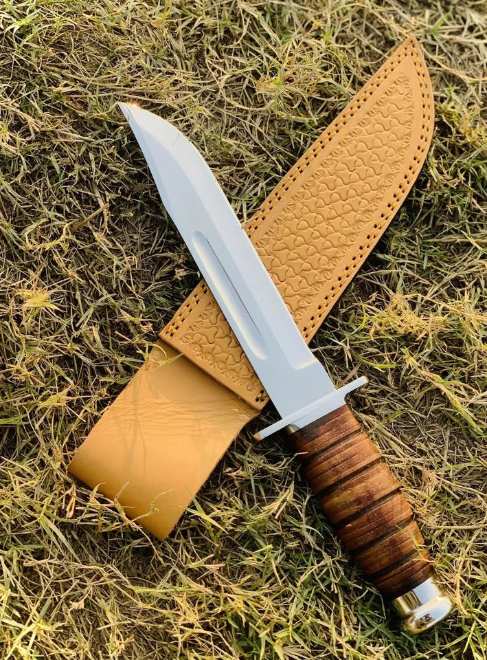 Handmade Carbon Steel Bowie Hunting Knife with Leather Grip & Sheath | Arham Cutlery