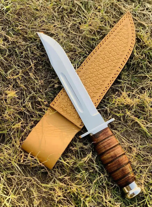 Handmade Carbon Steel Bowie Hunting Knife with Leather Grip & Sheath | Arham Cutlery - Arham Cutlery