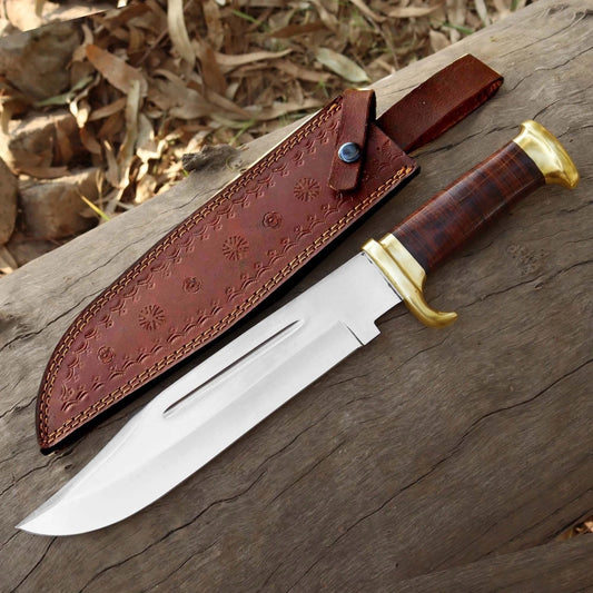 Handmade Carbon Steel Bowie Hunting Knife – Classic Wood Handle with Leather Sheath | Arham Cutlery