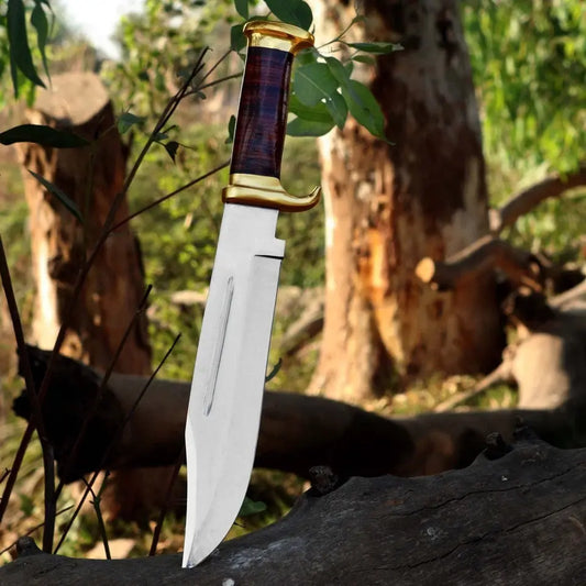Handmade Carbon Steel Bowie Hunting Knife – Classic Wood Handle with Leather Sheath | Arham Cutlery - Arham Cutlery