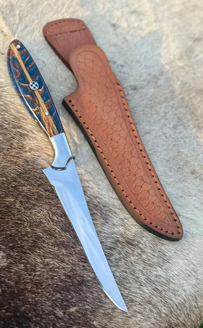 Handmade Carbon Steel Fillet & Fishing Knife with Hardwood Handle & Leather Sheath | Arham Cutlery