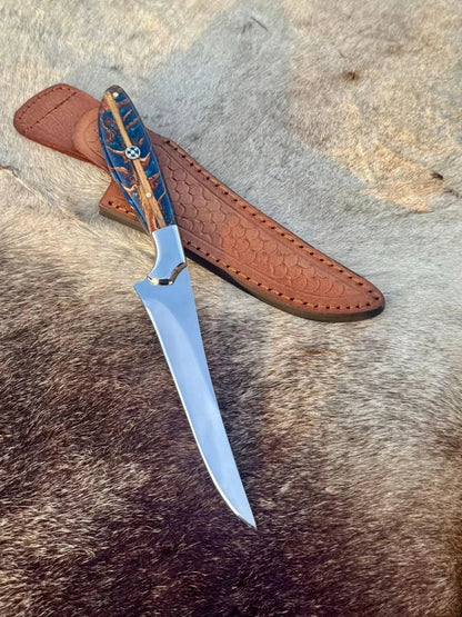 Handmade Carbon Steel Fillet & Fishing Knife with Hardwood Handle & Leather Sheath | Arham Cutlery
