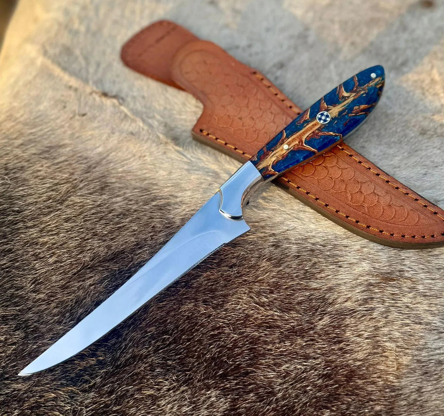 Handmade Carbon Steel Fillet & Fishing Knife with Hardwood Handle & Leather Sheath | Arham Cutlery