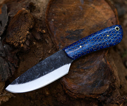Handmade Carbon Steel Skinner Knife with Honeycomb Resin Handle & Leather Sheath | Hunting & Camping Knife