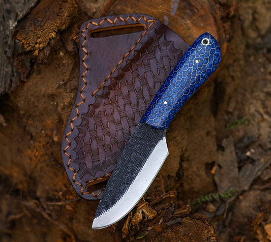 Handmade Carbon Steel Skinner Knife with Honeycomb Resin Handle & Leather Sheath | Hunting & Camping Knife