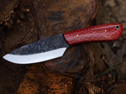 Handmade Carbon Steel Skinner Knife with Red Honeycomb Resin Handle & Leather Sheath | Hunting Knife