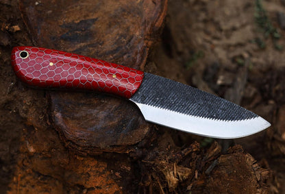 Handmade Carbon Steel Skinner Knife with Red Honeycomb Resin Handle & Leather Sheath | Hunting Knife