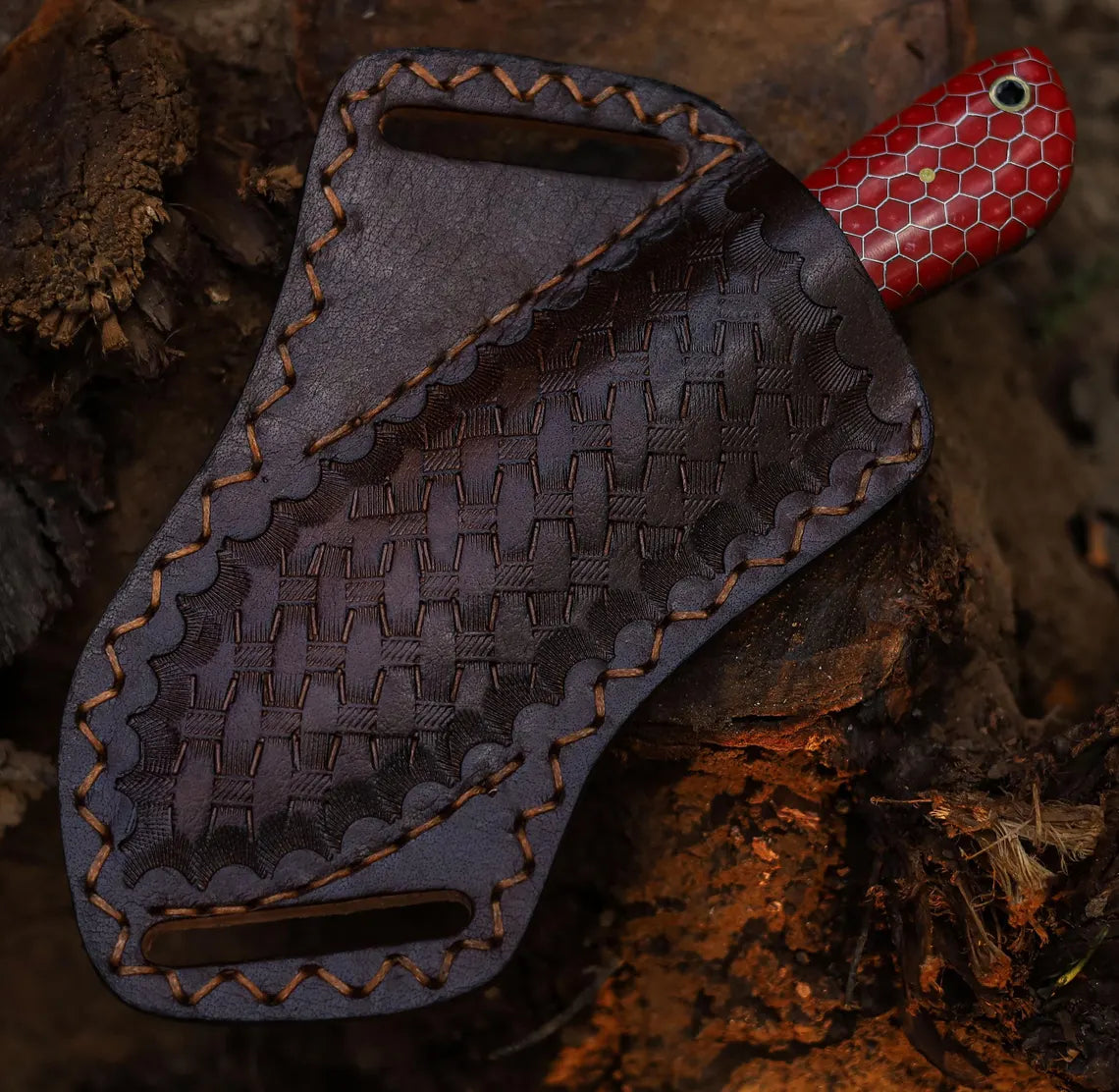 Handmade Carbon Steel Skinner Knife with Red Honeycomb Resin Handle & Leather Sheath | Hunting Knife