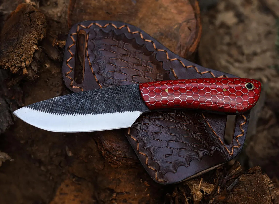 Handmade Carbon Steel Skinner Knife with Red Honeycomb Resin Handle & Leather Sheath | Hunting Knife