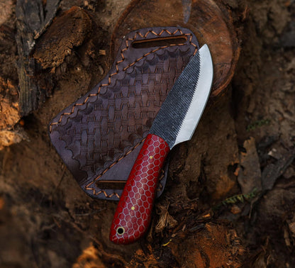 Handmade Carbon Steel Skinner Knife with Red Honeycomb Resin Handle & Leather Sheath | Hunting Knife