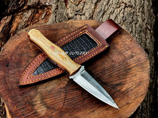 Handmade D2 Steel Boot Knife with Pakkawood Handle & Leather Sheath – 7.5" Mirror Polish Blade - Arham Cutlery