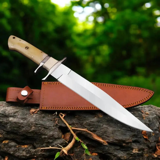 Handmade D2 Steel Bowie Knife – Full Tang Camel Bone Handle with Leather Sheath | Arham Cutlery - Arham Cutlery
