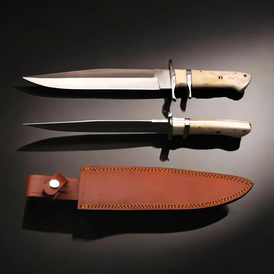 Handmade D2 Steel Bowie Knife – Full Tang Camel Bone Handle with Leather Sheath | Arham Cutlery