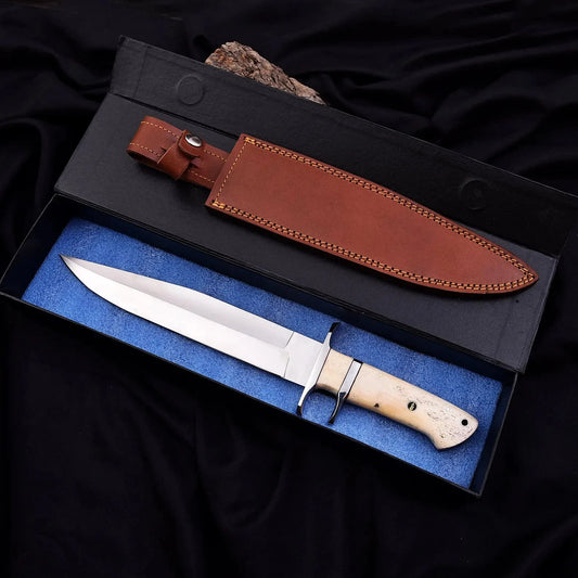 Handmade D2 Steel Bowie Knife – Full Tang Camel Bone Handle with Leather Sheath | Arham Cutlery