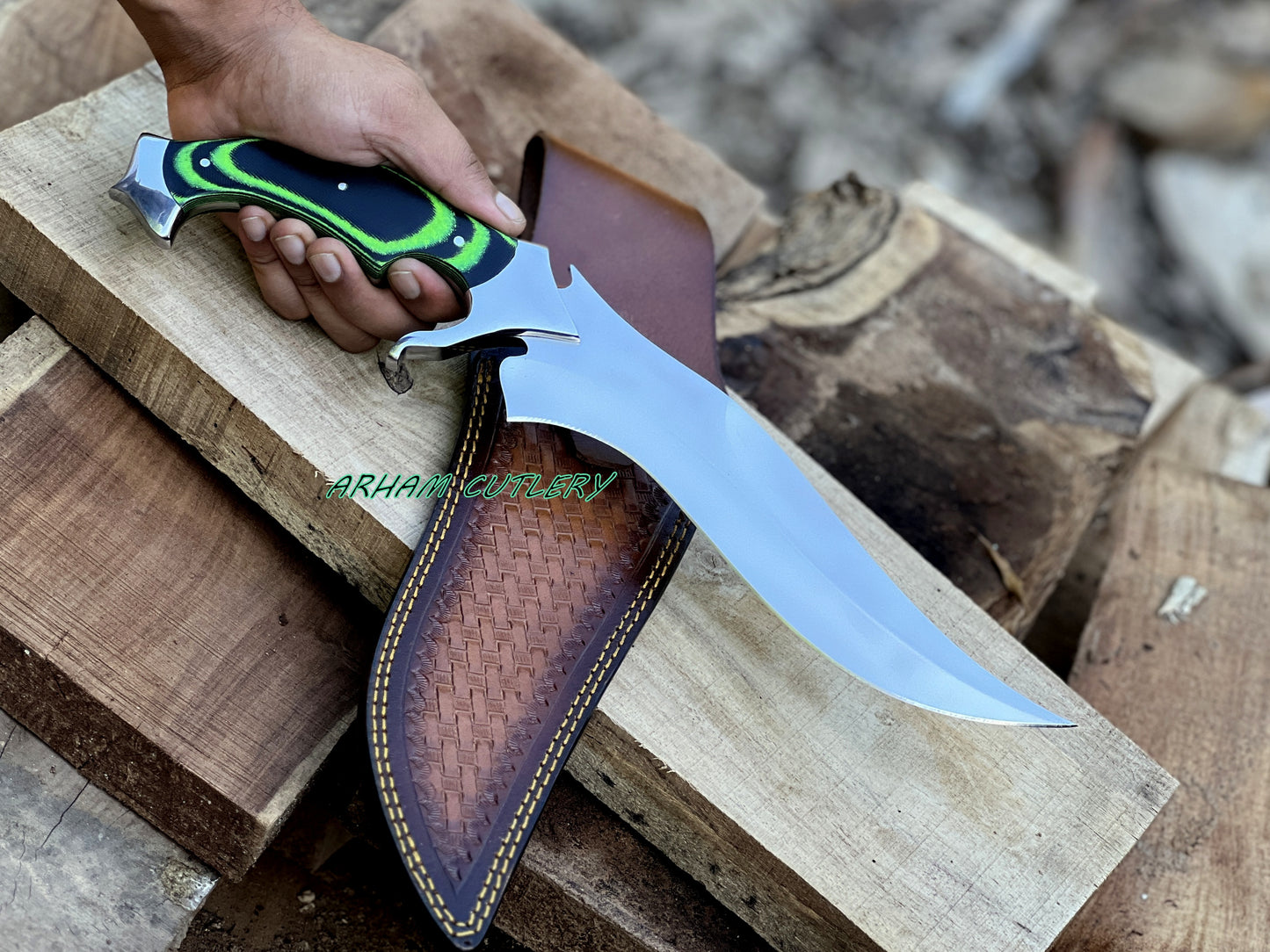 Handmade D2 Steel Hunting Knife | 15.5" Bowie Knife with Micarta Handle & Leather Sheath | Fixed Blade Collector Knife