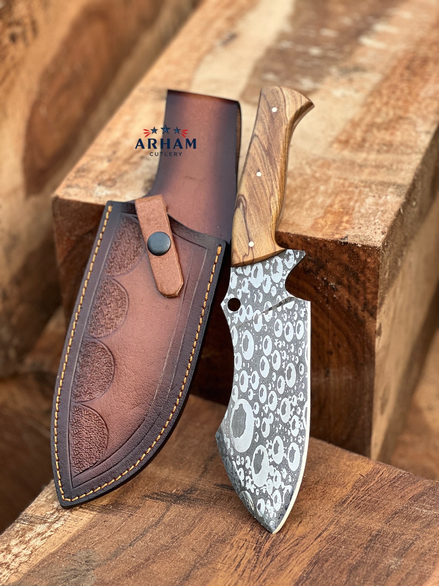 Handmade 11" D2 Steel Hunting Knife – Olive Wood Handle, Etched Blade & Leather Sheath | ARHAM CUTLERY