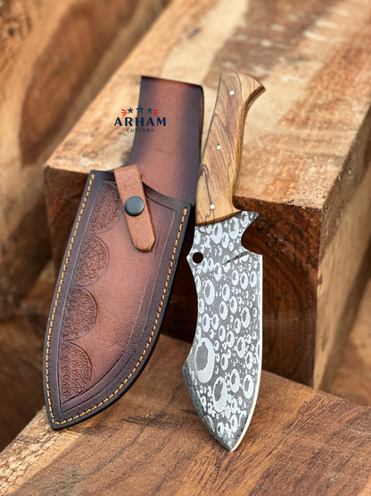Handmade 11" D2 Steel Hunting Knife – Olive Wood Handle, Etched Blade & Leather Sheath | ARHAM CUTLERY