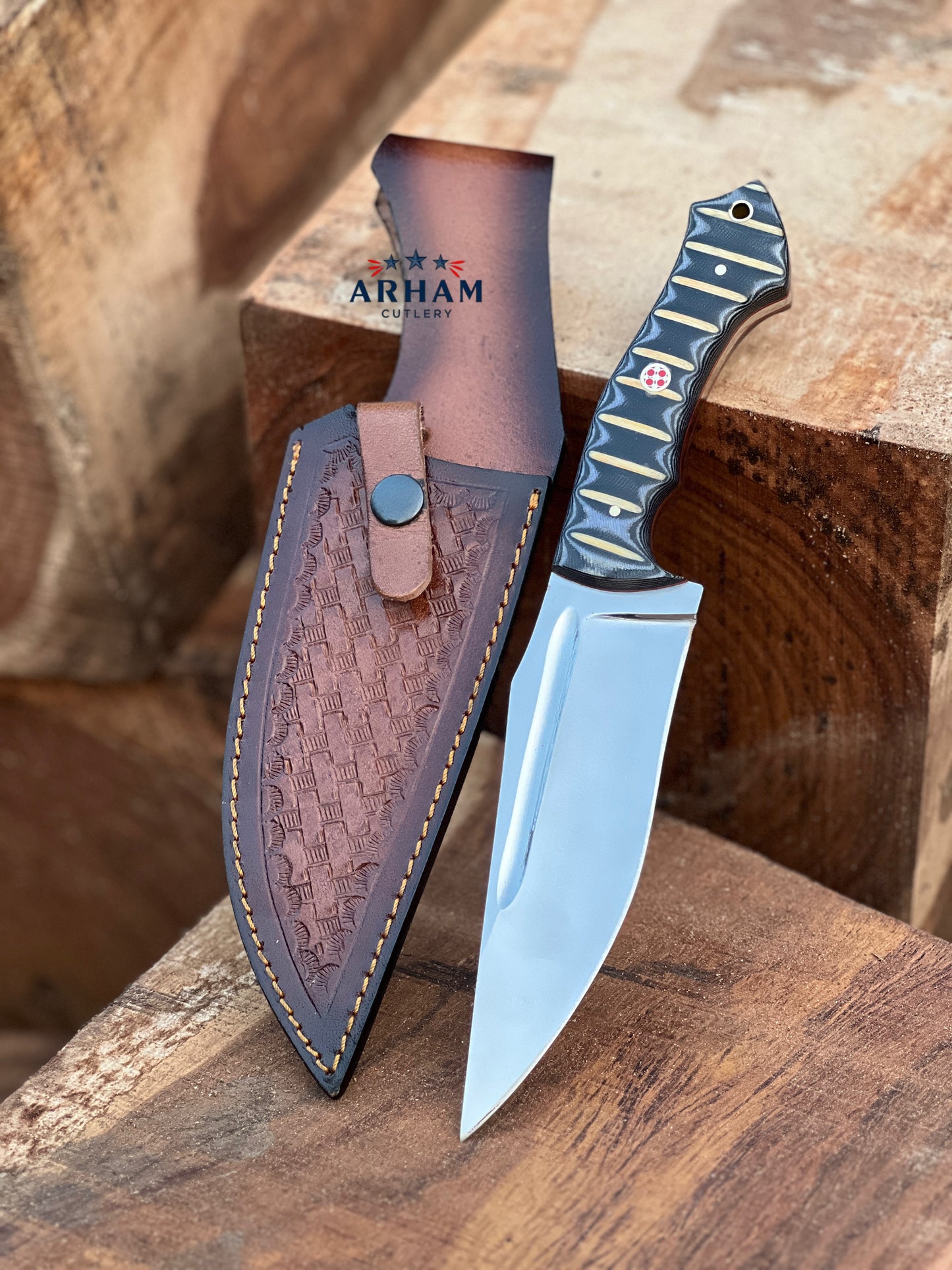 Handmade 11" D2 Steel Hunting Knife – Micarta Handle & Leather Sheath