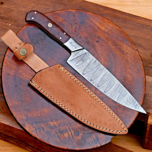 Handmade Damascus Chef Knife 13″ – Professional Kitchen Knife with Rosewood Handle & Leather Sheath