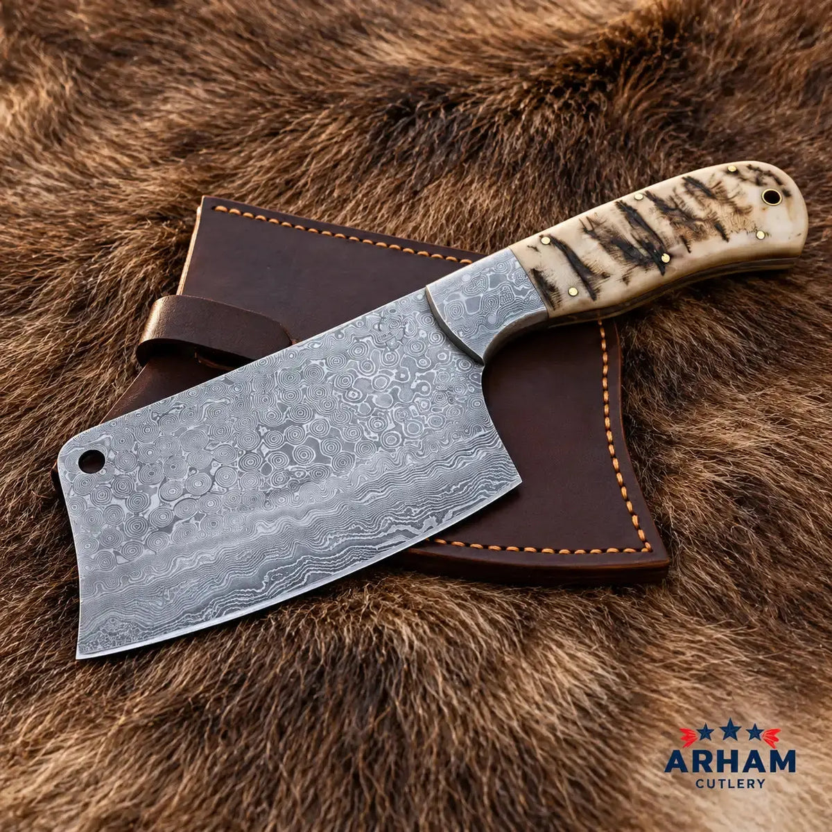 Ramcrest Forge Damascus Cleaver Knife – Ram Horn Handle Arham Cutlery