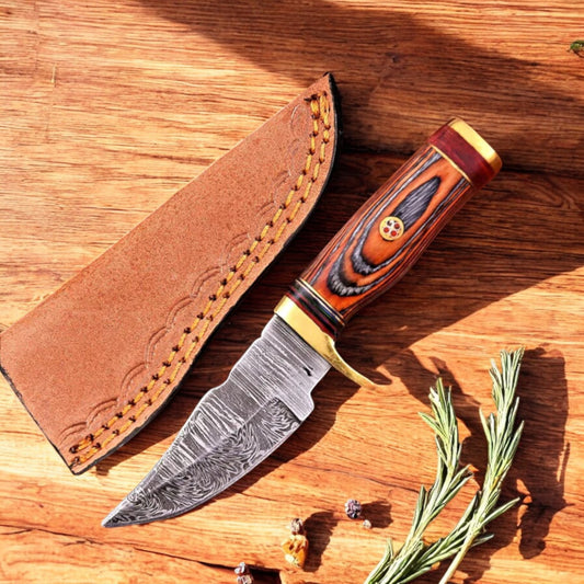 Handmade Damascus Deer Hunting Knife with Wood Handle & Leather Sheath