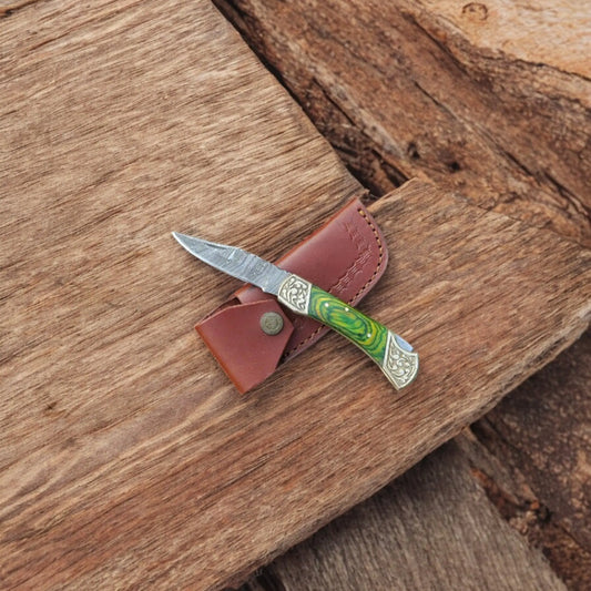 Handmade Damascus Folding Pocket Knife with Exotic Wood Handle & Leather Case | Arham Cutlery - Arham Cutlery