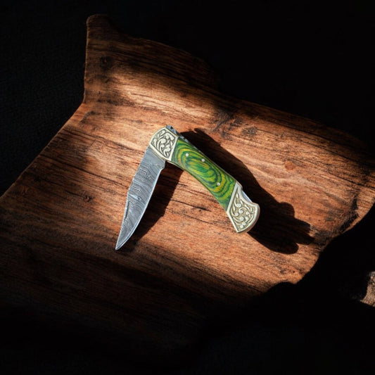 Handmade Damascus Folding Pocket Knife with Exotic Wood Handle & Leather Case | Arham Cutlery