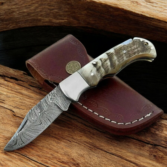 Handmade Damascus Folding Pocket Knife with Ram Horn Handle & Leather Sheath | Arham Cutlery