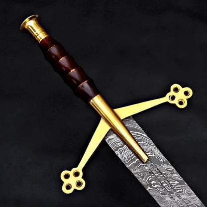 Handmade Damascus Steel Fantasy Sword – Gold Cross Guard with Leather Sheath