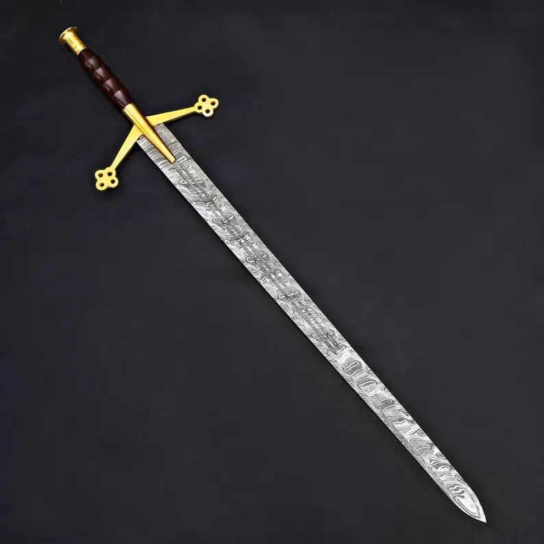 Handmade Damascus Steel Fantasy Sword – Gold Cross Guard with Leather Sheath