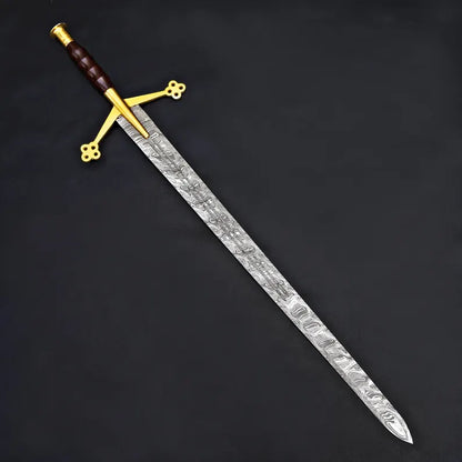 Handmade Damascus Steel Fantasy Sword – Gold Cross Guard with Leather Sheath