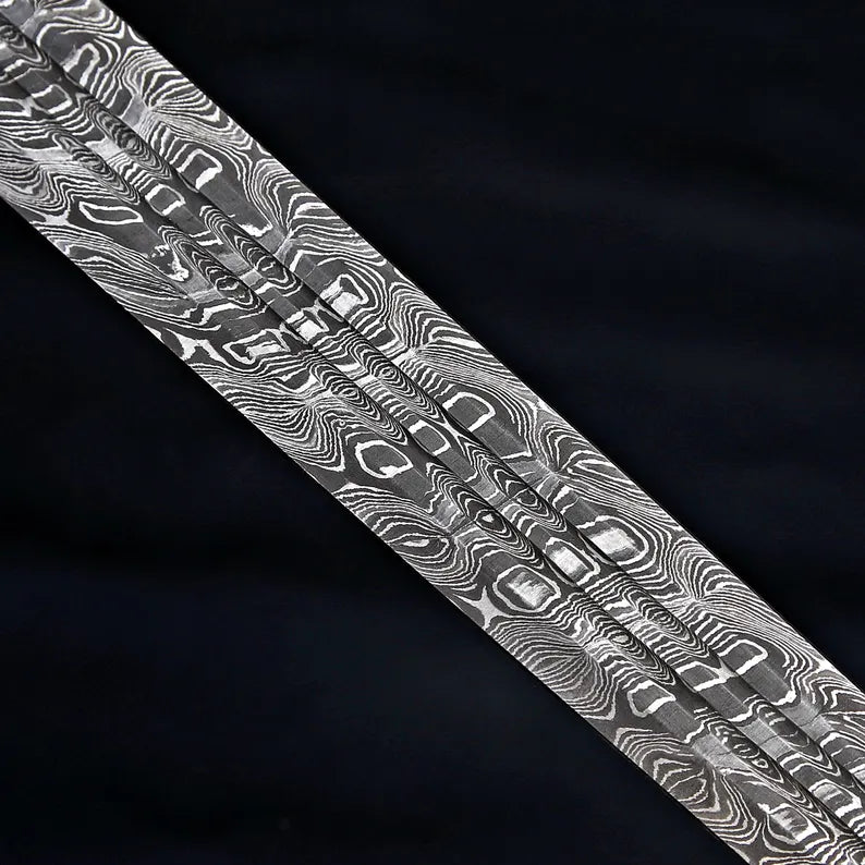 Handmade Damascus Steel Fantasy Sword – Gold Cross Guard with Leather Sheath